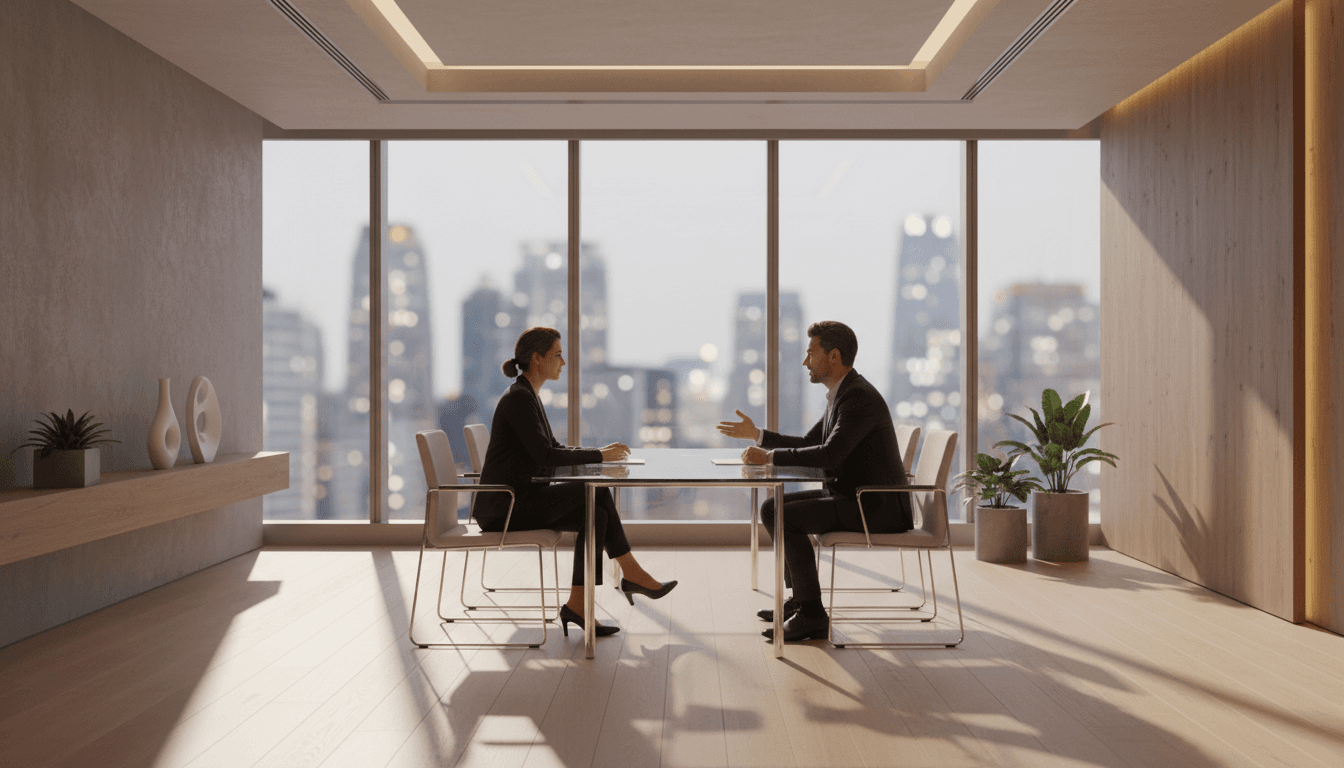 Zwei Führungskräfte in produktivem Austausch während eines Executive Coachings in modernem Büro