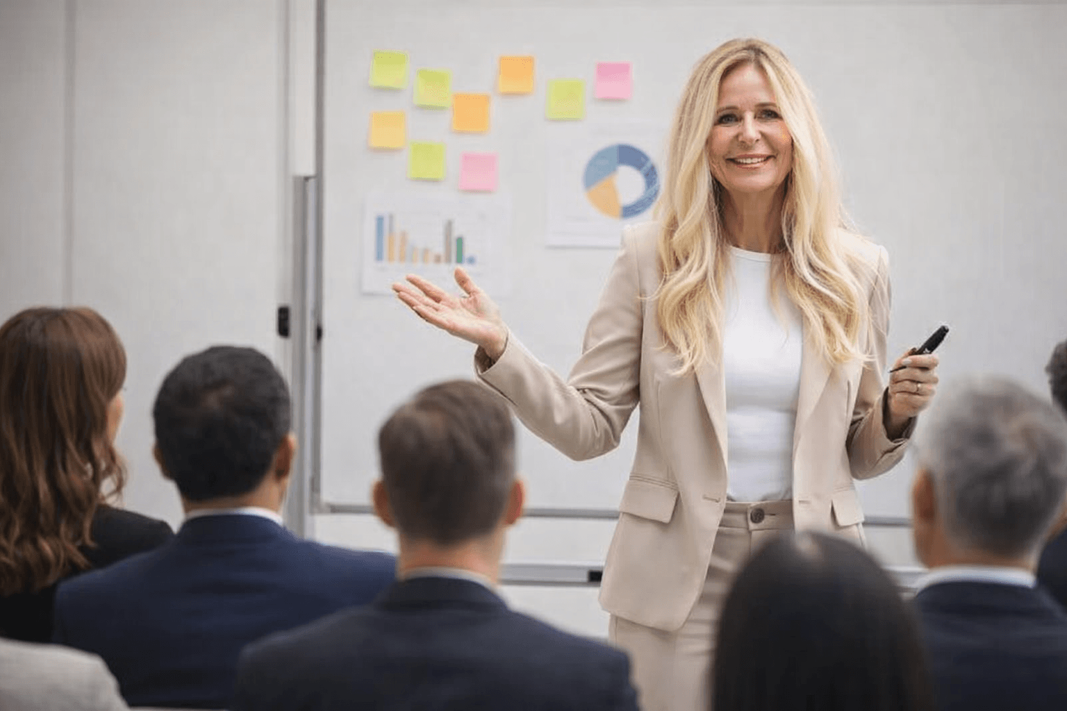 Lächelnde blonde Frau im beigen Anzug präsentiert vor einem Publikum vor einem Whiteboard mit Diagrammen.